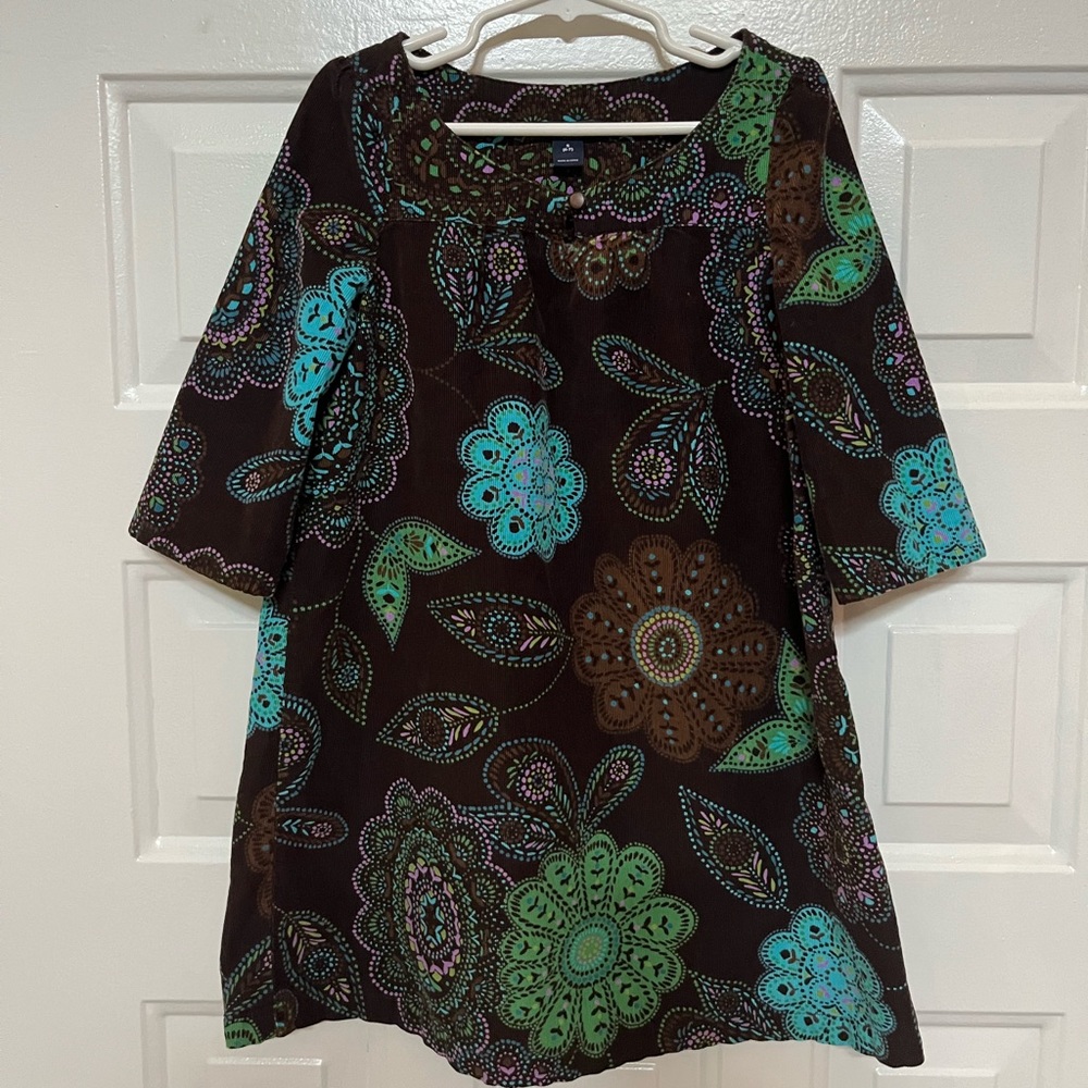 Girls 6 GapKids brown corduroy shift dress with turquoise, green floral pattern